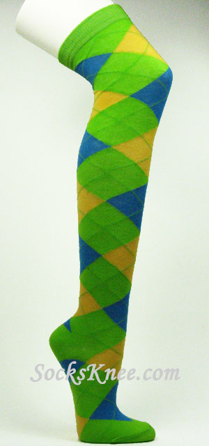 Lime Green Bright Blue Yellow Over Knee Argyle Socks - Click Image to Close