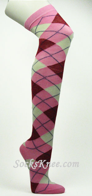 Pink Red White Blue Over Knee Argyle Socks - Click Image to Close