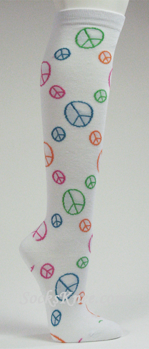 Peace Symbol/ Logo White Knee Socks