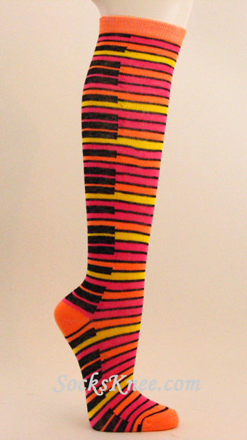 Piano Theme Orange Knee High Socks for Girl - Click Image to Close