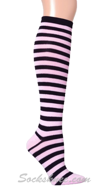 Black and Light Pink Mini-striped Knee Socks - Click Image to Close