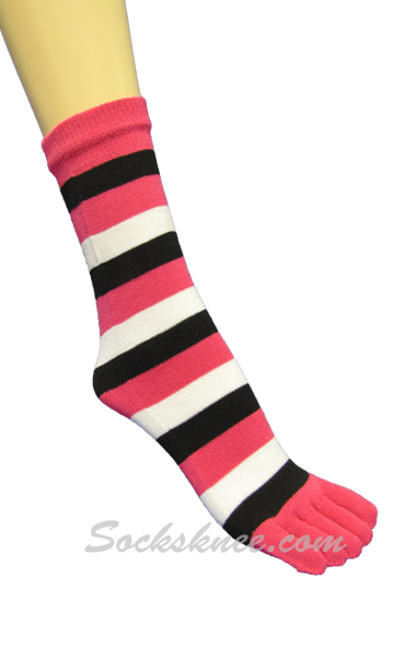 Bright Pink,Black,White Quarter ~ Midcalf Striped Toed Toe Socks