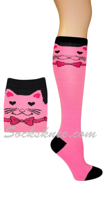 Cat with Bow Ties Pink Knee High Fashion Socks