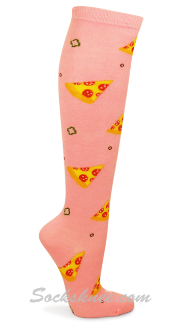 Ladies Pink with Pepperoni Pizza Patterned Stylish Knee High Socks