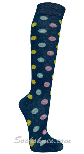 Pink / Sky / Yellow Polka Dots Denim Women Fashion Knee High Socks