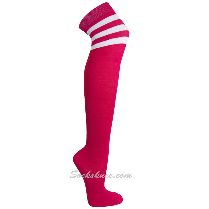 Hot Pink with White Triple Stripes Women Cosplay Over Knee Socks - Click Image to Close