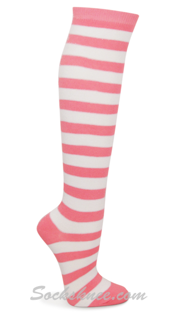 Pink and White Wider Striped Knee Socks