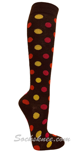 Pink / Red / Yellow Polka Dots Brown Women Knee High Socks - Click Image to Close