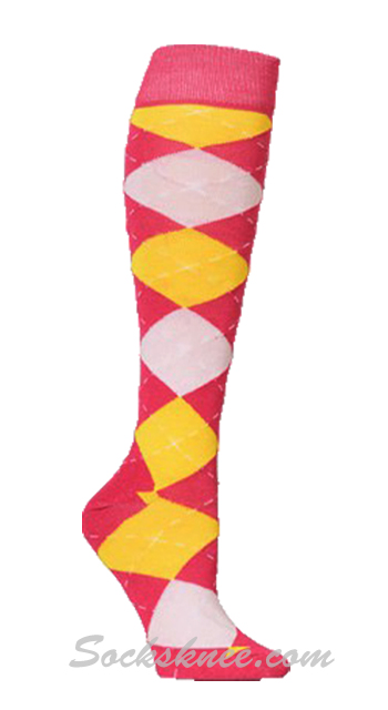 Hot Pink / Yellow / White Women Argyle Knee High Socks
