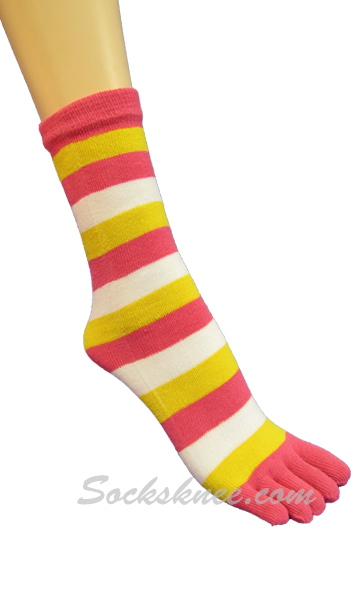 Bright Pink,Yellow,White Quarter~Midcalf Striped Toed Toe Socks