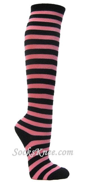 Pink black stripe womens knee socks - Click Image to Close