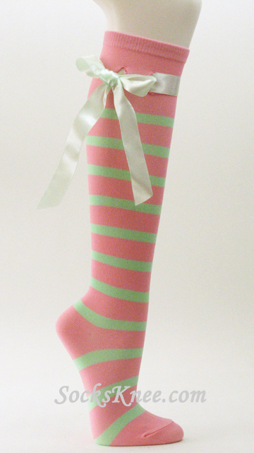 Pink / Spring Green Women's Striped Knee High Socks with Ribbons