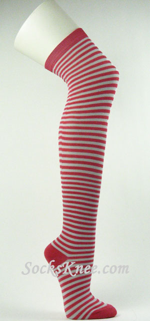 Pink and White Thin Over Knee striped socks