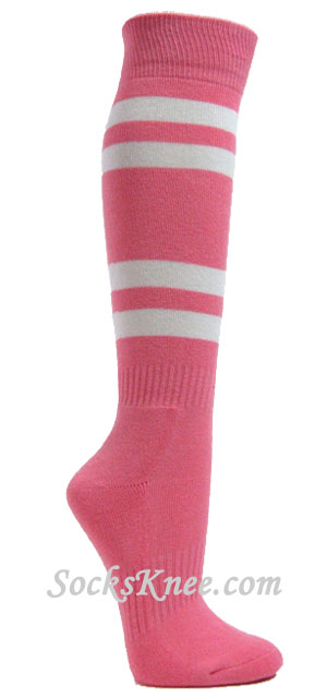 Pink striped knee socks w 4white stripes for sports - Click Image to Close
