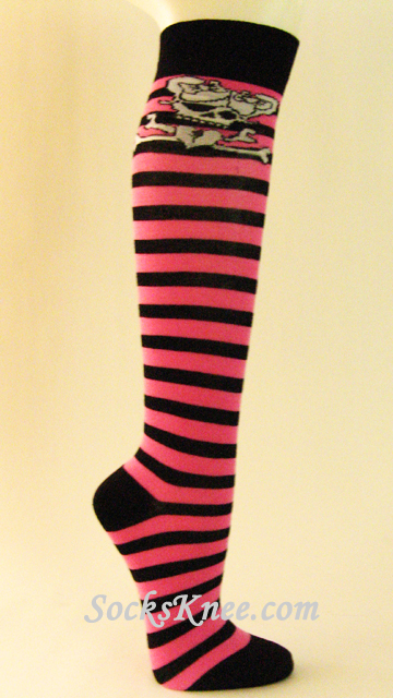 Pink Black Striped Knee Socks with Skeleton