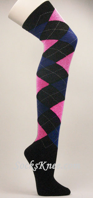 Black with hot pink blue socks over knee argyle