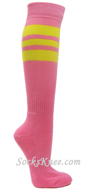 Pink cotton knee socks with bright yellow stripes for sports - Click Image to Close