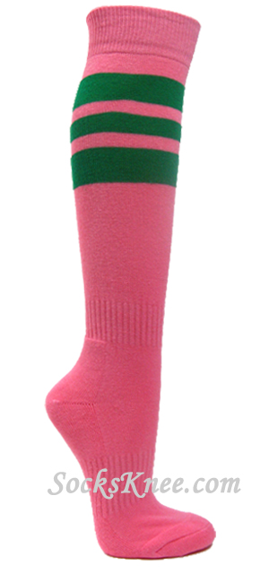 Pink cotton knee socks with green stripes for sports