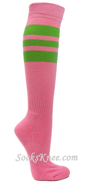 Pink cotton knee socks with lime green stripes for sports - Click Image to Close