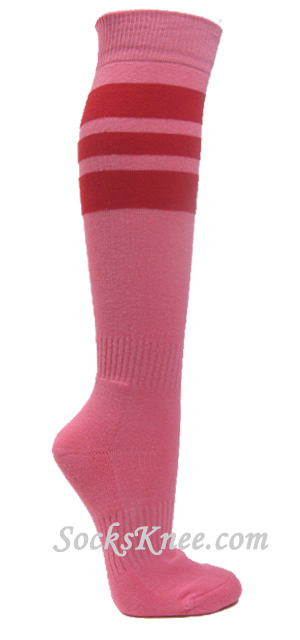 Pink cotton knee socks with red stripes for sports - Click Image to Close