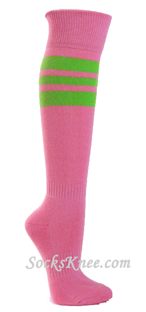 Pink cotton knee socks with Bright lime green stripe for sports - Click Image to Close