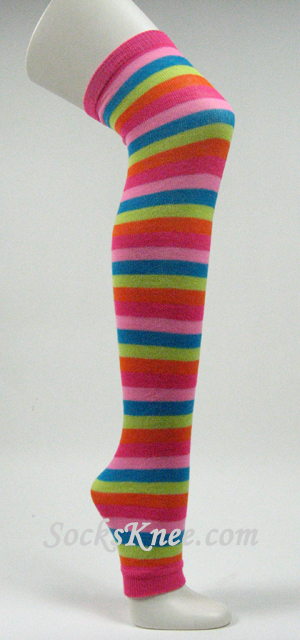 Pink Lime Green Blue Striped Long Leg Warmer - Click Image to Close