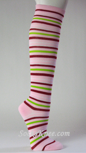 Pink Lime Green Dark Red Thin Striped Knee Socks for Women