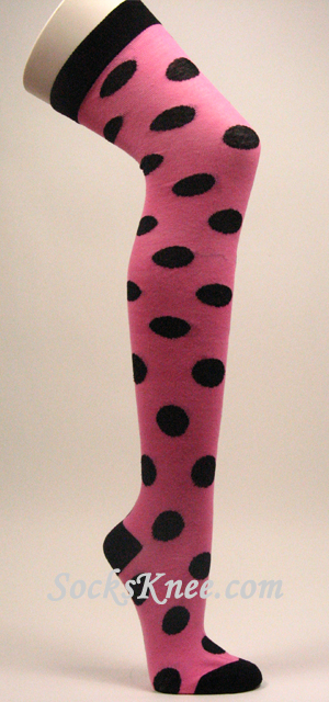 Pink Over Knee High Socks with Large Black Polka Dots - Click Image to Close