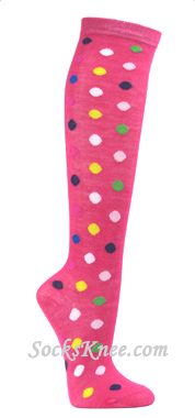 Bright Pink Knee High Socks with Rainbow Polka Dots