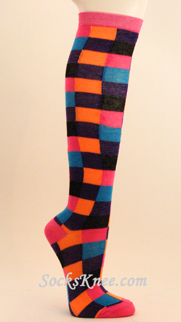 Bright Pink Purple Orange etc Plaid Knee Socks for Girl - Click Image to Close