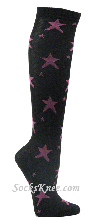 Black with Purplish Pink Star Logo / Symbol Knee Socks - Click Image to Close