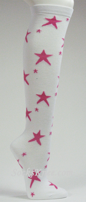 White with Pink Star Logo / Symbol Knee High Socks - Click Image to Close
