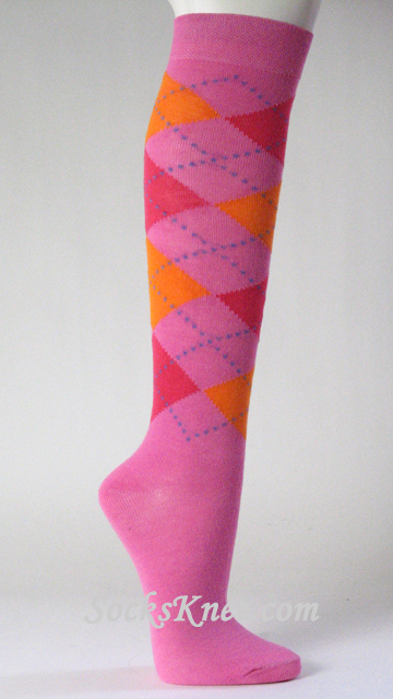 Pink with Red and Orange Argyle knee socks for Women