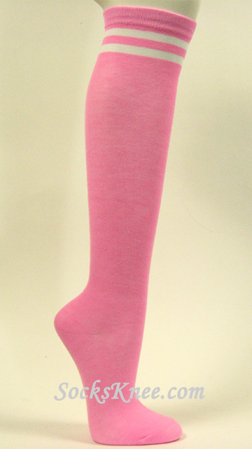 Pink with 2 White Stripes Womens High Knee Socks - Click Image to Close