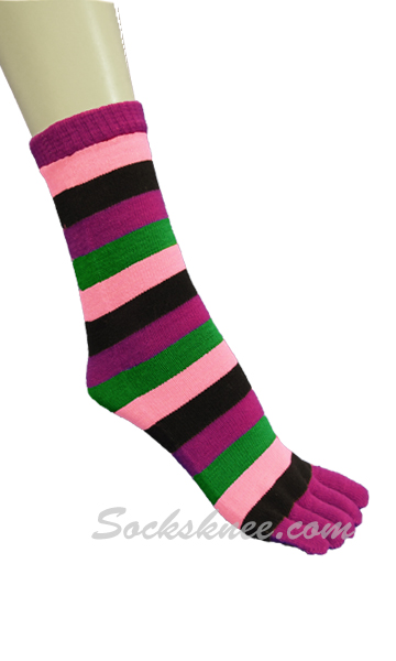 Purple, Black, Light Pink Women Mid-Calf Striped Toe Socks