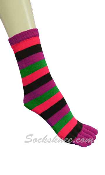 Purple, Black, Hot Pink, Green Women Mid-Calf Striped Toe Socks