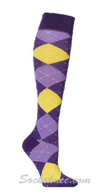 Purple / Lavender / Yellow Women Argyle Knee High Socks