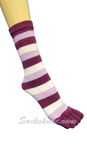 Purple,Soft Lilac,White Quarter ~ Midcalf Striped Toed Toe Socks