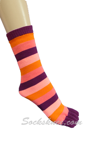 Dark Purple, Pink, Orange Women Mid-Calf Striped Toe Socks