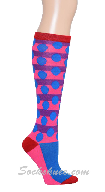 Purple Bright Pink Striped With Dots Women Knee High Socks - Click Image to Close