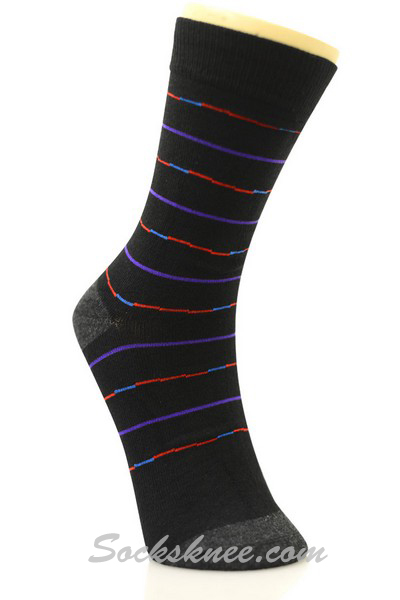 Purple Red Blue Lines in Black Mens Dress Socks