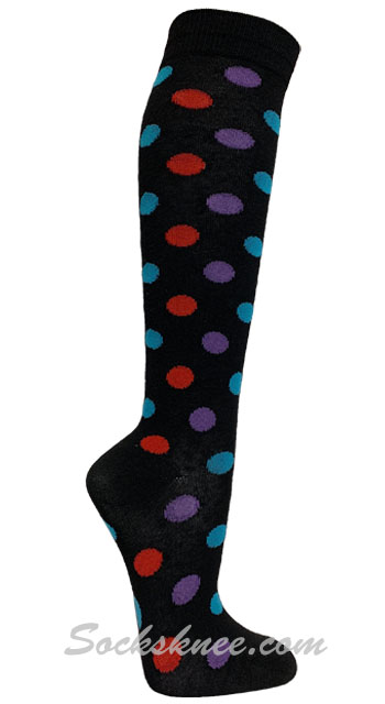 Purple / Red / Sky Polka Dots Black Women Knee High Socks