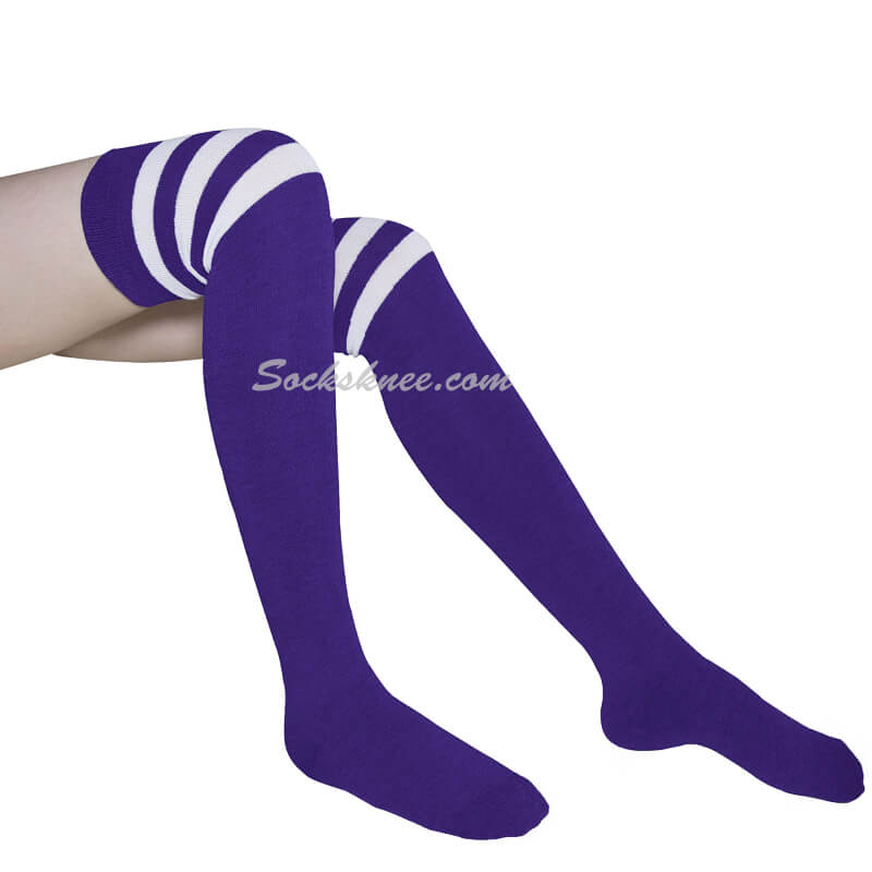 Purple with White Triple Stripes Women Cosplay Over Knee Socks - Click Image to Close