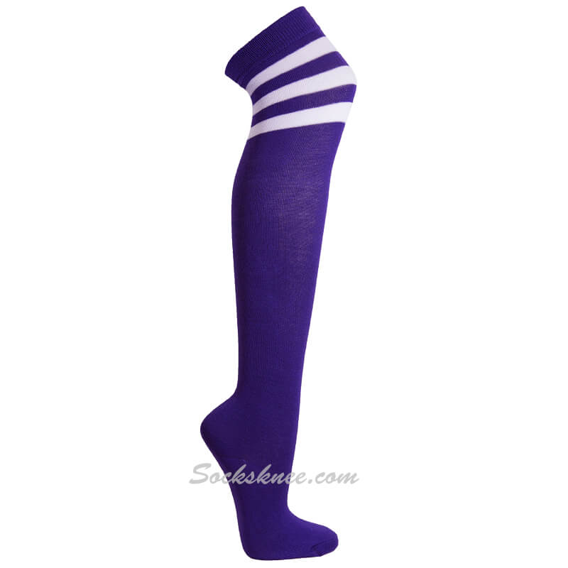 Purple with White Triple Stripes Women Cosplay Over Knee Socks - Click Image to Close
