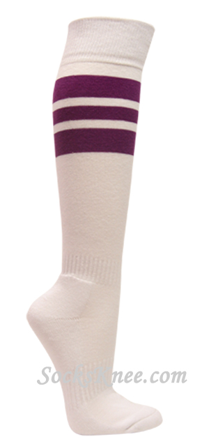 White cotton knee socks with purple stripes for sports - Click Image to Close