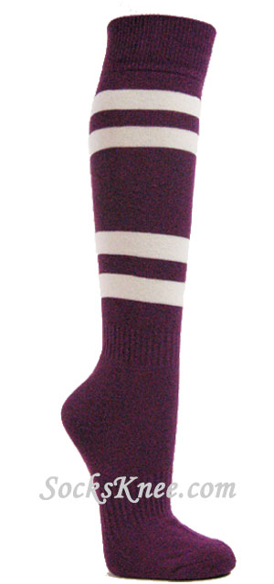 Purple striped knee socks w 4white stripes for sports - Click Image to Close