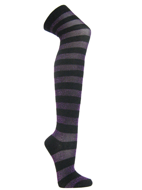 Purple black glitter sparkling wide striped over knee socks - Click Image to Close