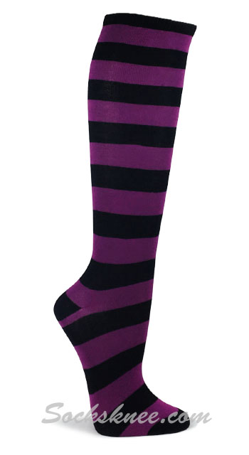 Purple and Black Wider Striped Knee high socks - Click Image to Close