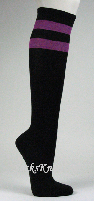Purple Striped Black Knee High Socks for Women