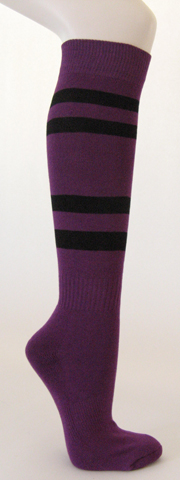 Purple cotton knee socks with black stripes